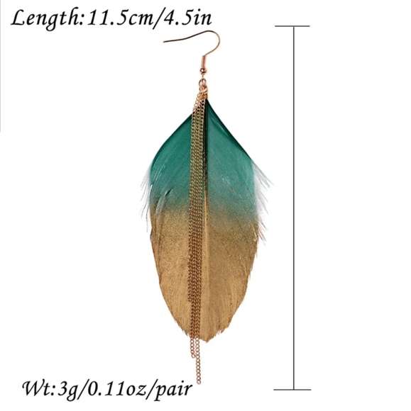 Exotic Feather Dipped in Gold Long Earrings 4in - Picture 5 of 5